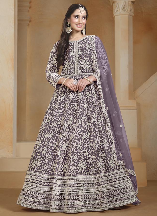 Net Purple Wedding Wear Embroidery Work Anarkali Suit